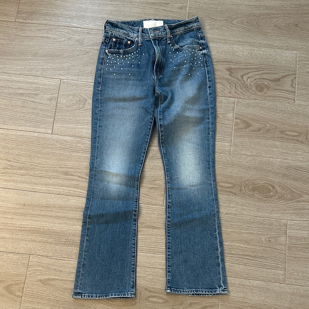 MOTHER Blue Embellished Flare Jeans. Size 25